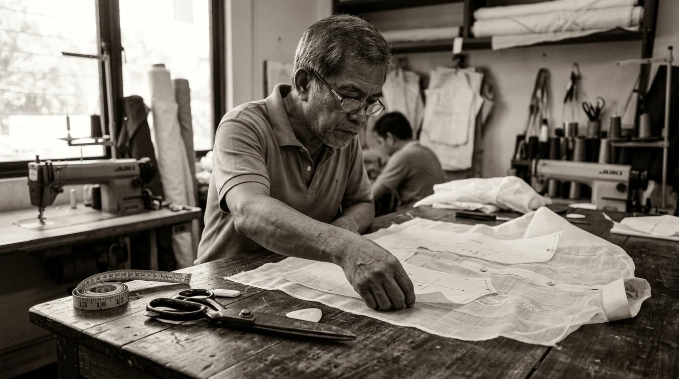 A Davao tailor cutting fabric at his workbench